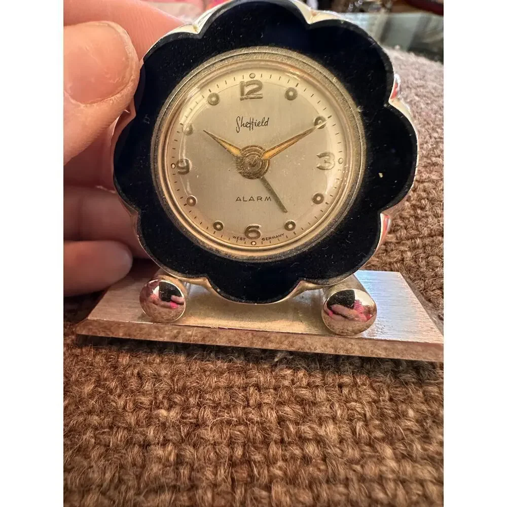 1954 Sheffield Flower Design West Germany Small Travel Alarm Clock